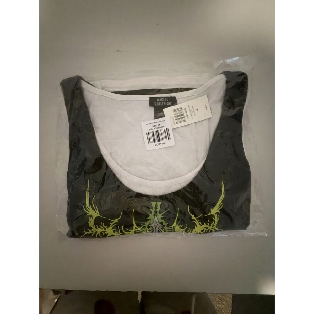 Social Collision Black & Green Cyber Cross Girls Twofer Tank Top 2X